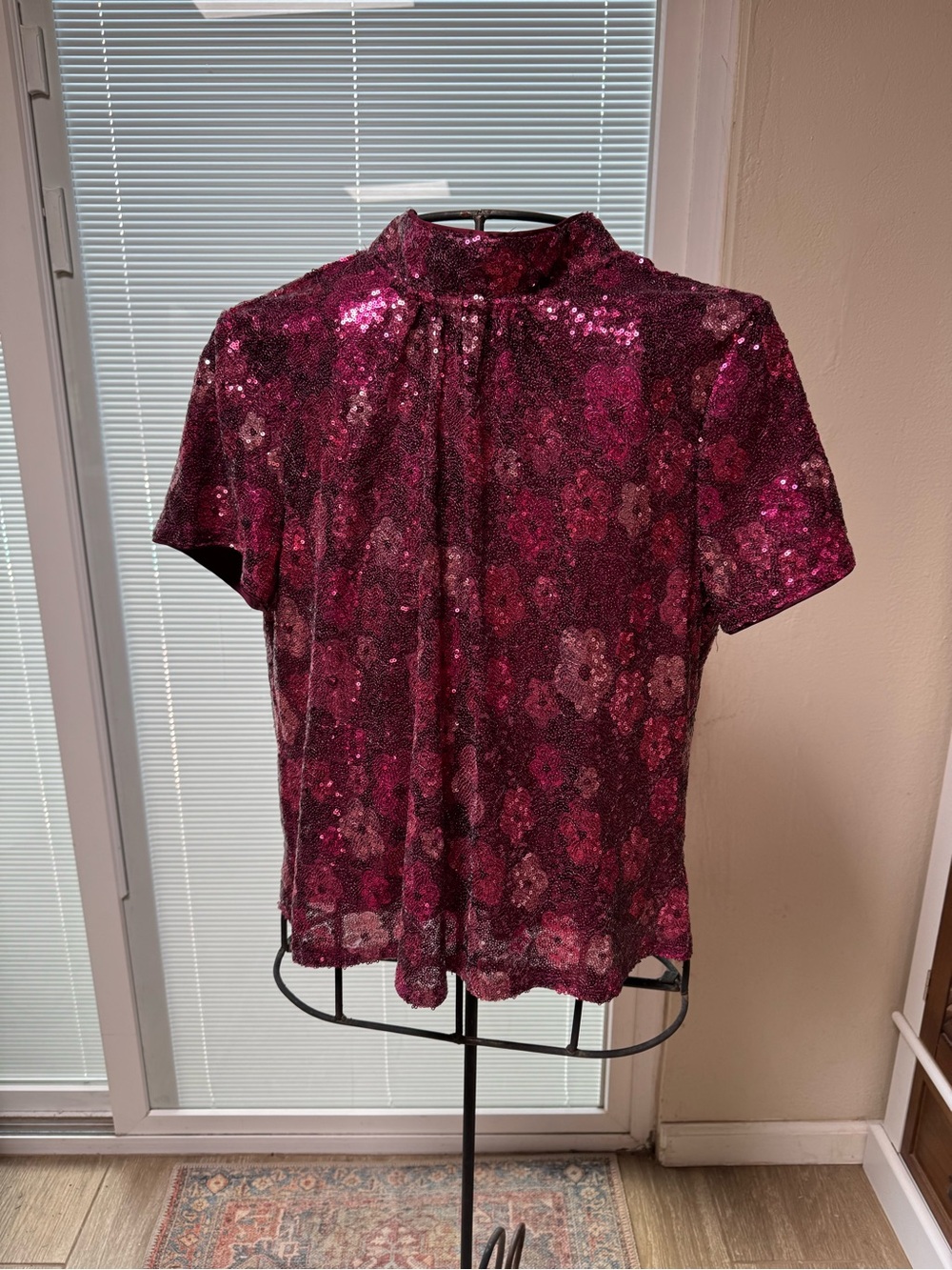 CeCe Fuchsia Sequin Floral Mock-Neck Top